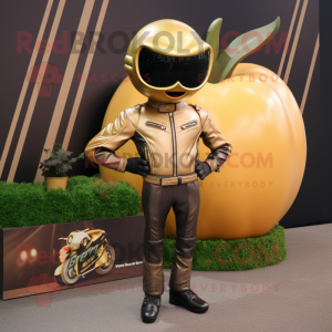 Gold Tomato mascot costume character dressed with a Biker Jacket and Bow ties