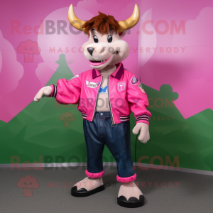 Pink Zebu mascot costume character dressed with a Bomber Jacket and Belts