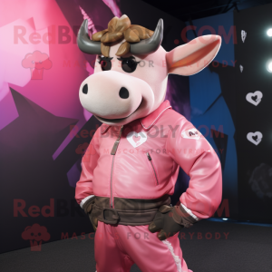 Pink Zebu mascot costume character dressed with a Bomber Jacket and Belts