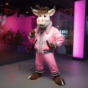 Pink Zebu mascot costume character dressed with a Bomber Jacket and Belts