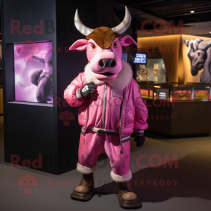 Pink Zebu mascot costume character dressed with a Bomber Jacket and Belts