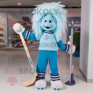 Cyan Ice Hockey Stick mascot costume character dressed with a Capri Pants and Hair clips