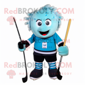 Cyan Ice Hockey Stick mascot costume character dressed with a Capri Pants and Hair clips