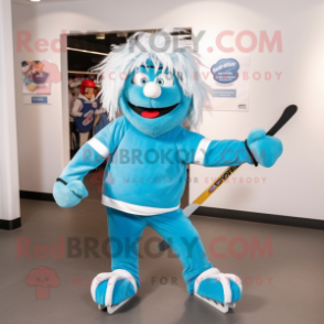 Cyan Ice Hockey Stick mascot costume character dressed with a Capri Pants and Hair clips