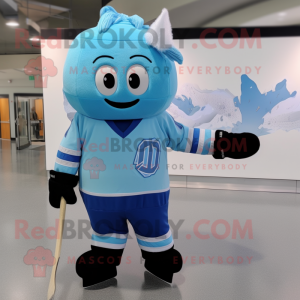 Cyan Ice Hockey Stick mascot costume character dressed with a Capri Pants and Hair clips