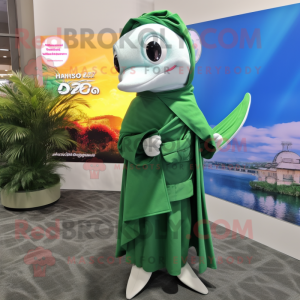 Forest Green Dolphin mascot costume character dressed with a Wrap Skirt and Tie pins