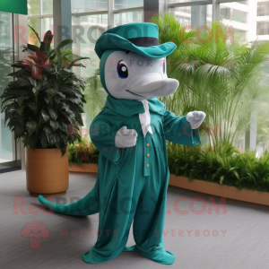 Forest Green Dolphin mascot costume character dressed with a Wrap Skirt and Tie pins