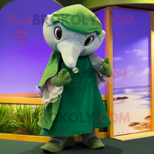 Forest Green Dolphin mascot costume character dressed with a Wrap Skirt and Tie pins