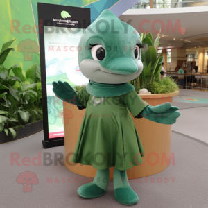 Forest Green Dolphin mascot costume character dressed with a Wrap Skirt and Tie pins