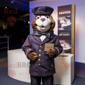 Navy Chocolate Bar mascot costume character dressed with a Jacket and Lapel pins