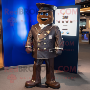 Navy Chocolate Bar mascot costume character dressed with a Jacket and Lapel pins