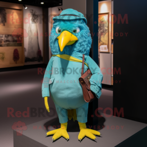 Cyan Canary mascot costume character dressed with a Corduroy Pants and Brooches