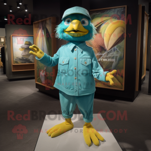 Cyan Canary mascot costume character dressed with a Corduroy Pants and Brooches