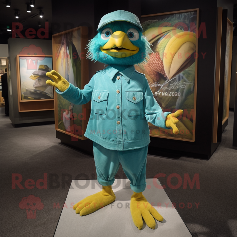 Cyan Canary mascot costume character dressed with a Corduroy Pants and Brooches