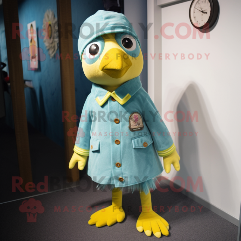 Cyan Canary mascot costume character dressed with a Corduroy Pants and Brooches