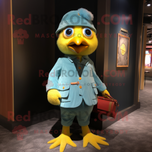 Cyan Canary mascot costume character dressed with a Corduroy Pants and Brooches