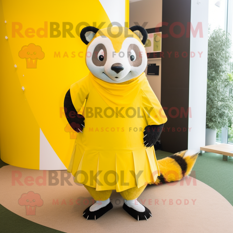 Lemon Yellow Badger mascot costume character dressed with a Pencil Skirt and Wraps Lemon Yellow Badger mascot costume character dressed with a Pencil Skirt and Wraps