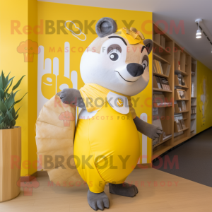 Lemon Yellow Badger mascot costume character dressed with a Pencil Skirt and Wraps