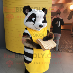 Lemon Yellow Badger mascot costume character dressed with a Pencil Skirt and Wraps