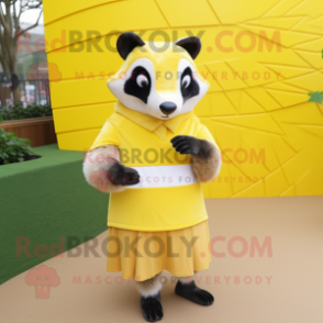 Lemon Yellow Badger mascot costume character dressed with a Pencil Skirt and Wraps