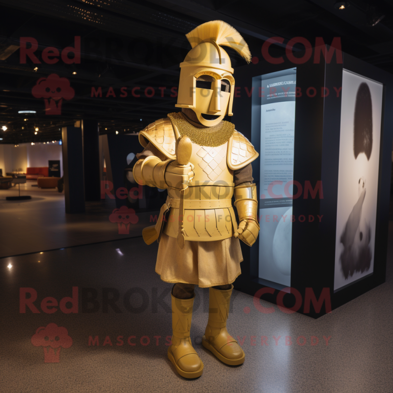 Gold Roman Soldier mascot costume character dressed with a Dress Shirt and Cummerbunds