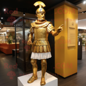 Gold Roman Soldier mascot costume character dressed with a Dress Shirt and Cummerbunds