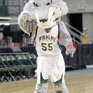 Gray and white wolf mascot in basketball outfit - Redbrokoly.com