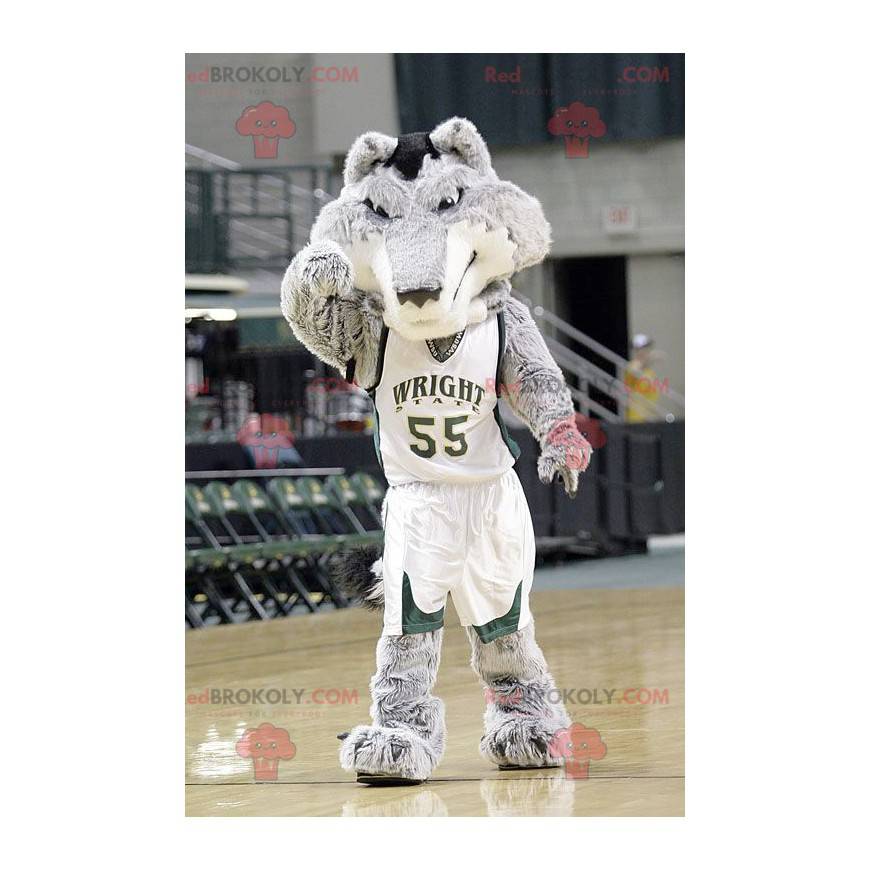 Mascote lobo cinza e branco em traje de basquete -