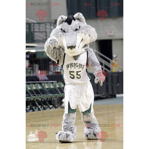 Mascote lobo cinza e branco em traje de basquete -