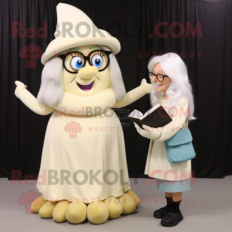 Cream Witch mascot costume character dressed with a Capri Pants and Reading glasses Cream Witch mascot costume character dressed with a Capri Pants and Reading glasses
