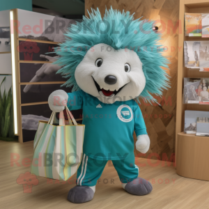 Teal Porcupine mascot costume character dressed with a Poplin Shirt and Tote bags