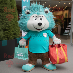Teal Porcupine mascot costume character dressed with a Poplin Shirt and Tote bags
