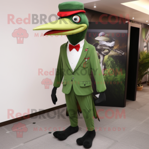 Forest Green Woodpecker mascot costume character dressed with a Suit Pants and Shoe laces