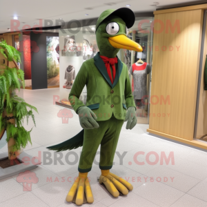 Forest Green Woodpecker mascot costume character dressed with a Suit Pants and Shoe laces