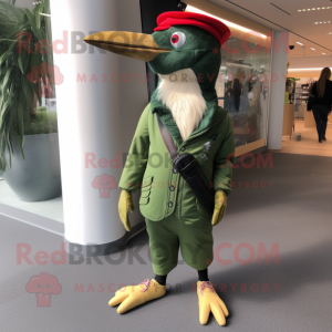 Forest Green Woodpecker mascot costume character dressed with a Suit Pants and Shoe laces