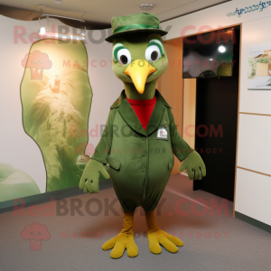 Forest Green Woodpecker mascot costume character dressed with a Suit Pants and Shoe laces