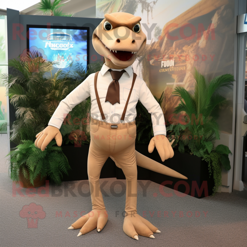 Tan Dimorphodon mascot costume character dressed with a Suit and Suspenders