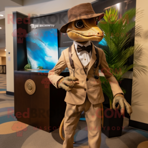 Tan Dimorphodon mascot costume character dressed with a Suit and Suspenders