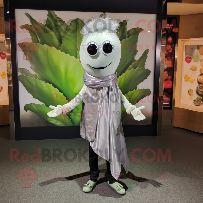 Silver Melon mascot costume character dressed with a Skinny Jeans and Scarves