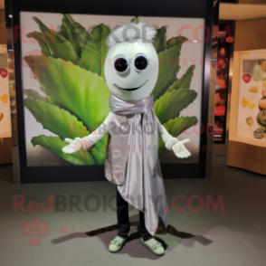 Silver Melon mascot costume character dressed with a Skinny Jeans and Scarves