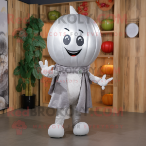 Silver Melon mascot costume character dressed with a Skinny Jeans and Scarves