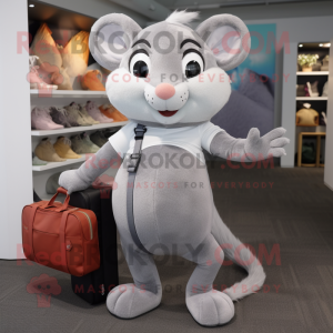 Gray Dormouse mascot costume character dressed with a Yoga Pants and Briefcases