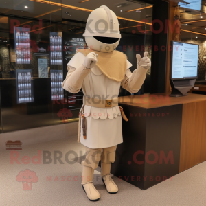 Beige Medieval Knight mascot costume character dressed with a Sheath Dress and Caps