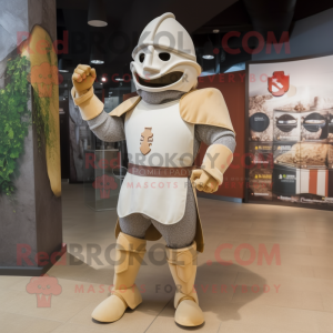 Beige Medieval Knight mascot costume character dressed with a Sheath Dress and Caps