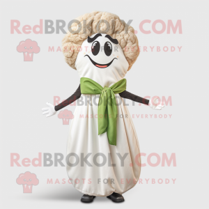 White Falafel mascot costume character dressed with a Maxi Dress and Bow ties