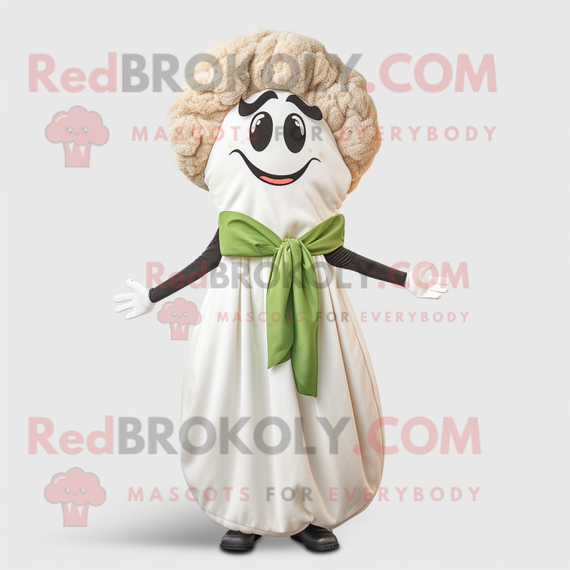 White Falafel mascot costume character dressed with a Maxi Dress and Bow ties White Falafel mascot costume character dressed with a Maxi Dress and Bow ties