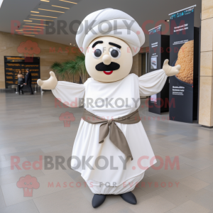 White Falafel mascot costume character dressed with a Maxi Dress and Bow ties