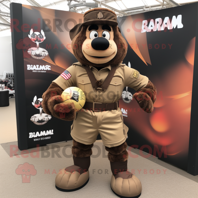 Brown Para Commando mascot costume character dressed with a Rugby Shirt and Belts Brown Para Commando mascot costume character dressed with a Rugby Shirt and Belts