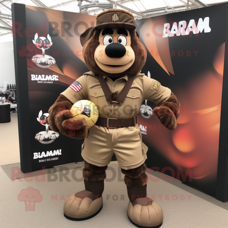 Brown Para Commando mascot costume character dressed with a Rugby Shirt and Belts