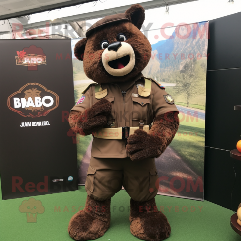 Brown Para Commando mascot costume character dressed with a Rugby Shirt and Belts